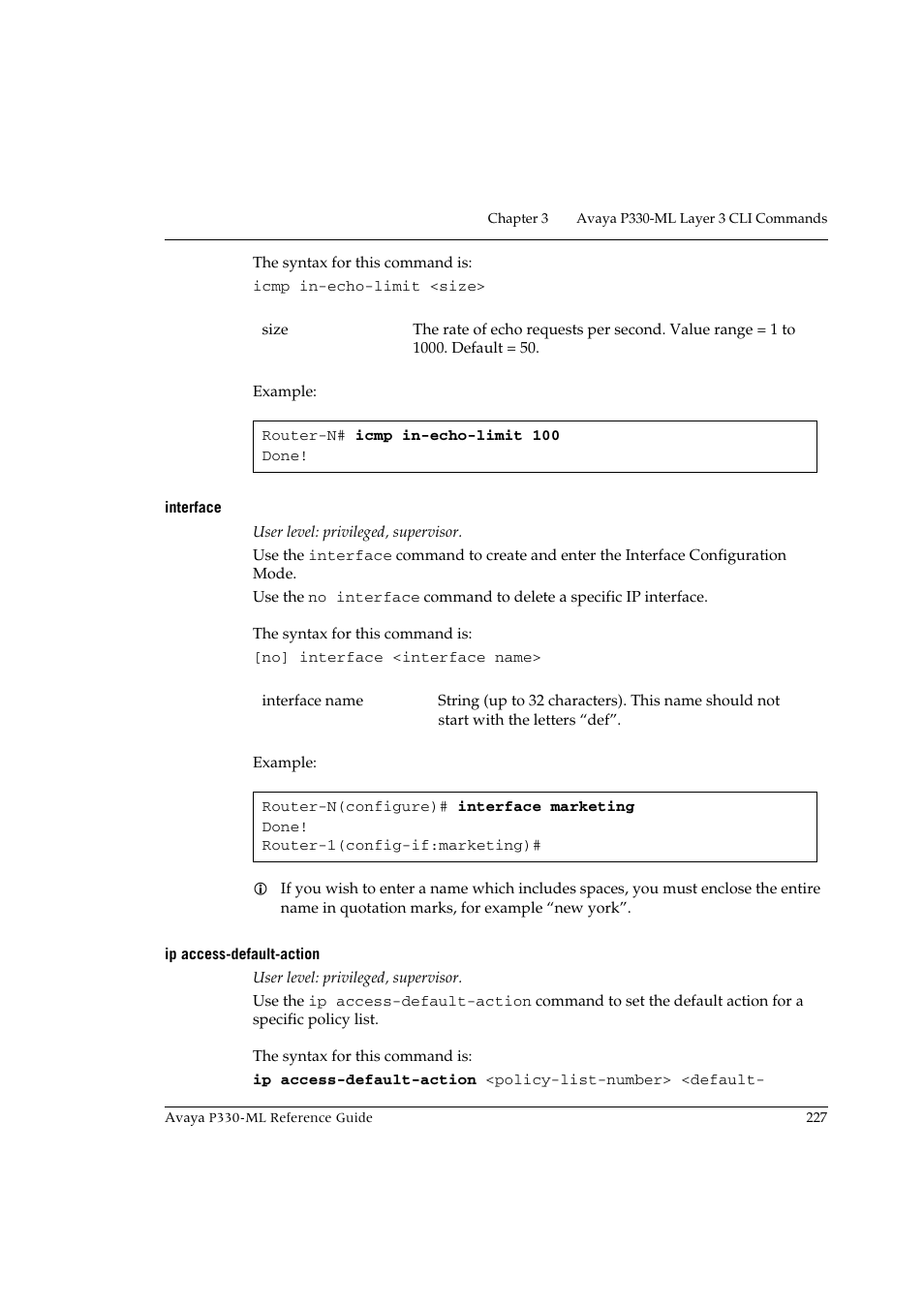 Interface, Ip access-default-action, Interface ip access-default-action | Avaya P330-ML-ML User Manual | Page 243 / 320