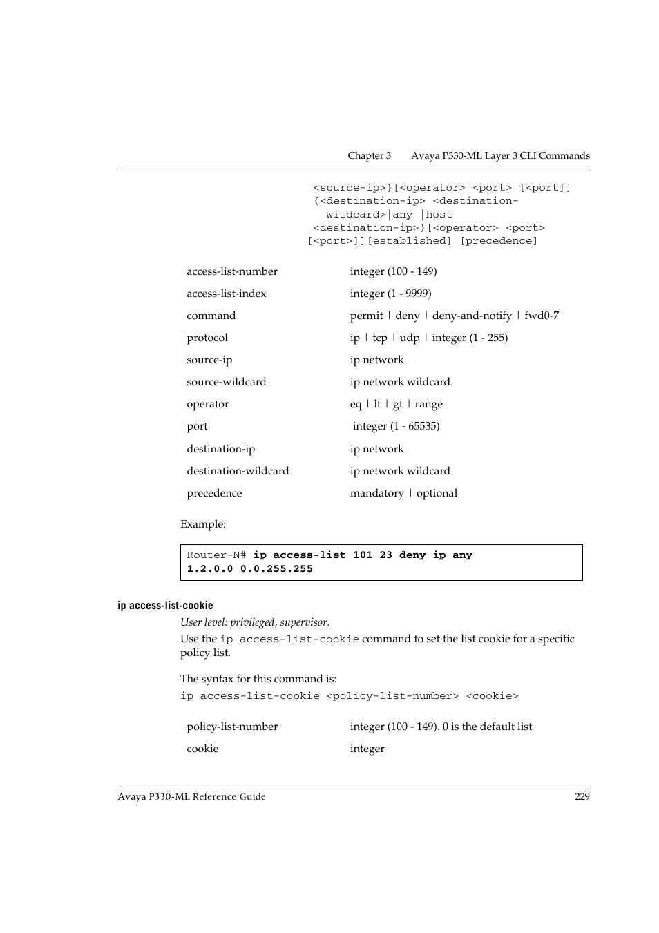 Ip access-list-cookie | Avaya P330-ML-ML User Manual | Page 245 / 320