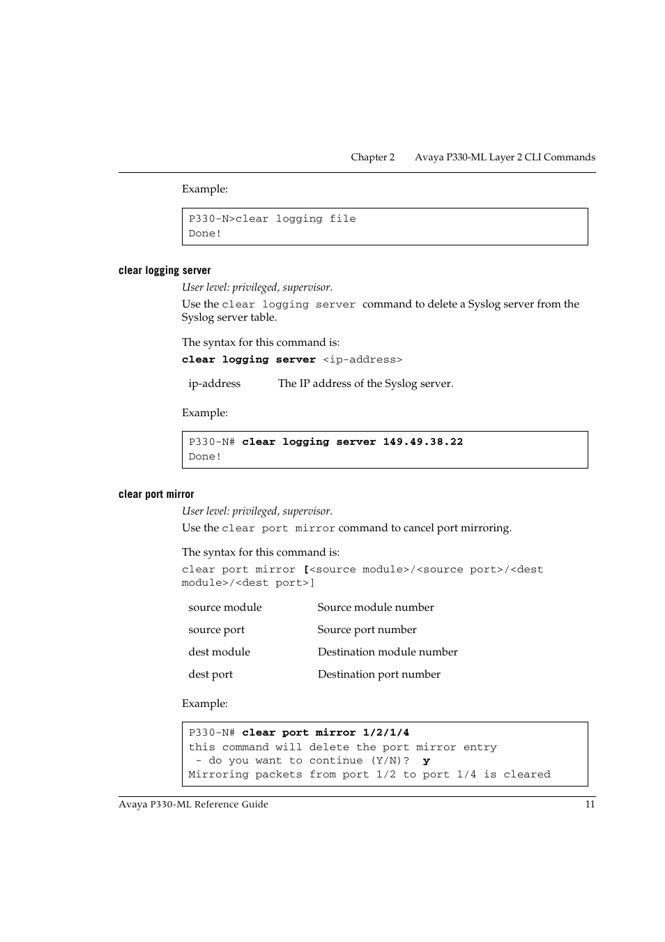 Clear logging server, Clear port mirror, Clear logging server clear port mirror | Avaya P330-ML-ML User Manual | Page 25 / 320