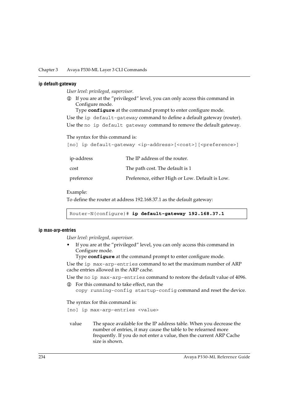 Ip default-gateway, Ip max-arp-entries | Avaya P330-ML-ML User Manual | Page 250 / 320