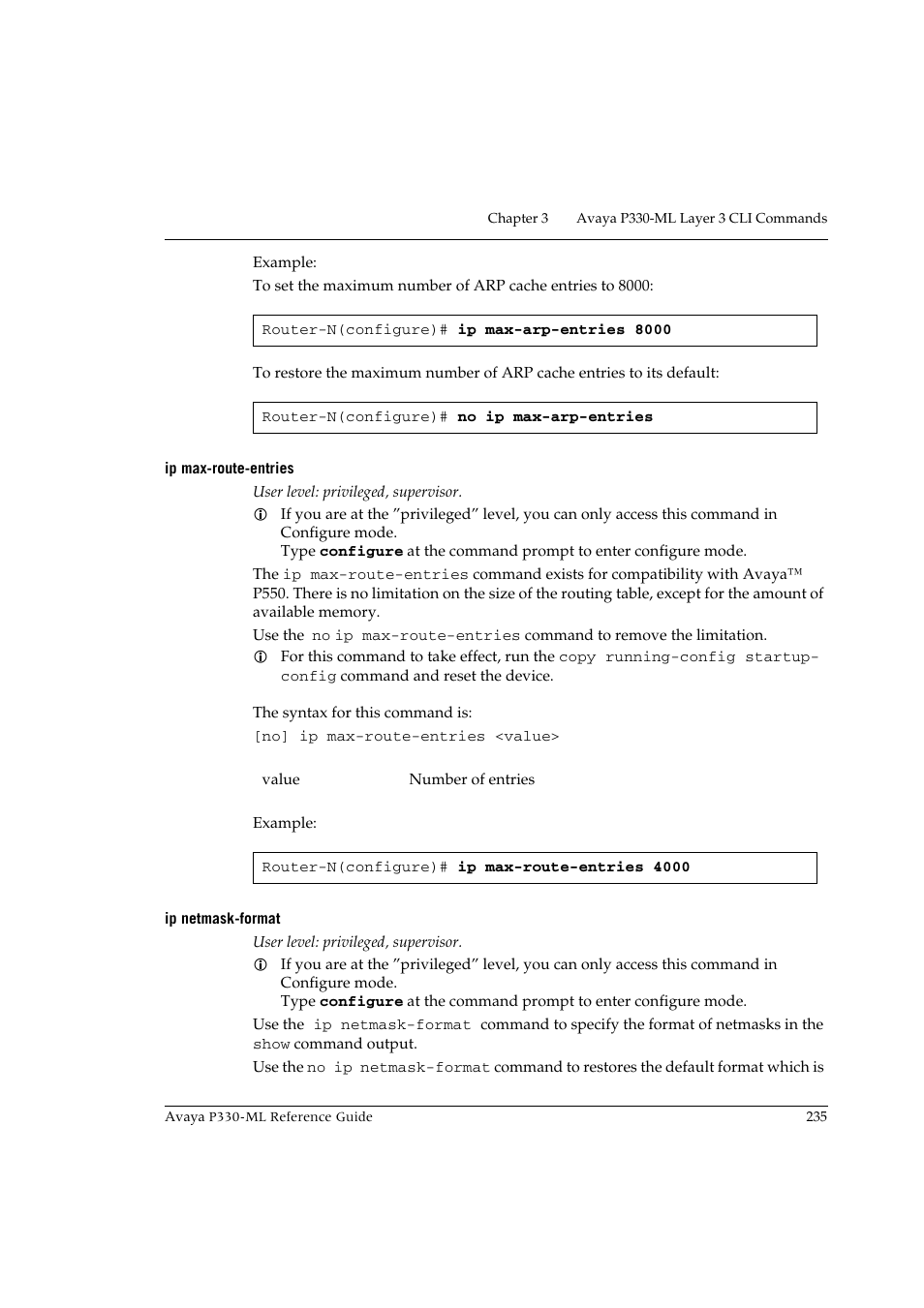 Ip max-route-entries, Ip netmask-format, Ip max-route-entries ip netmask-format | Avaya P330-ML-ML User Manual | Page 251 / 320