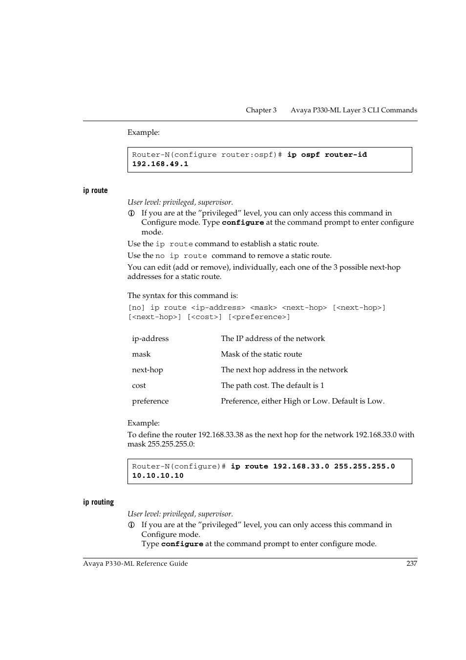 Ip route, Ip routing, Ip route ip routing | Avaya P330-ML-ML User Manual | Page 253 / 320