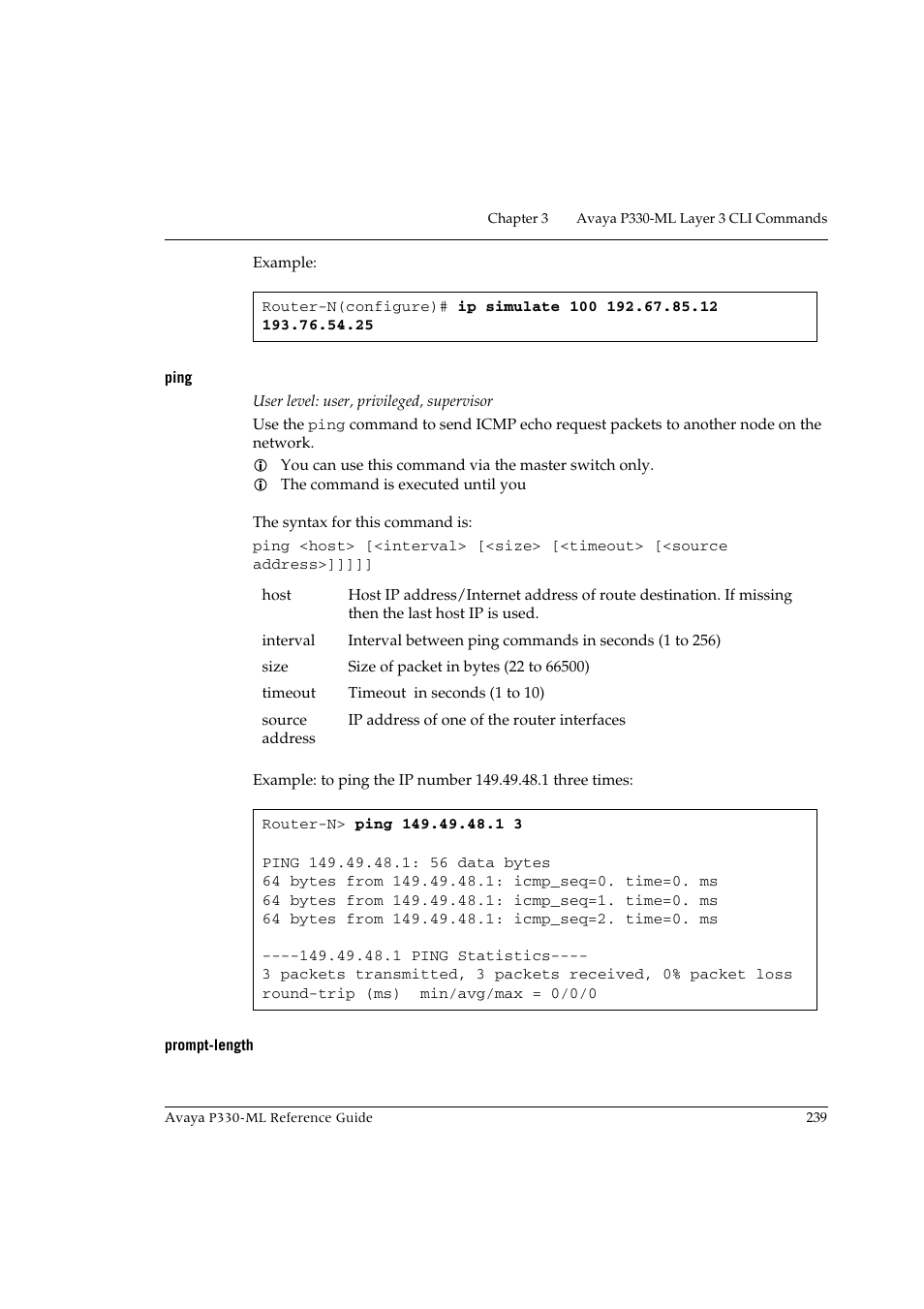 Ping, Prompt-length, Ping prompt-length | Avaya P330-ML-ML User Manual | Page 255 / 320