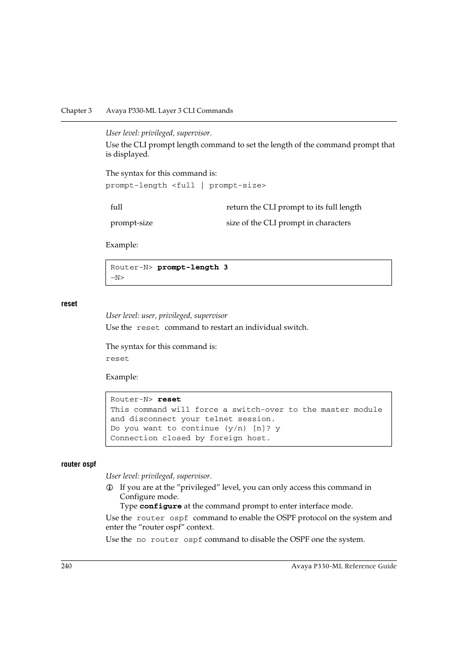 Reset, Router ospf, Reset router ospf | Avaya P330-ML-ML User Manual | Page 256 / 320