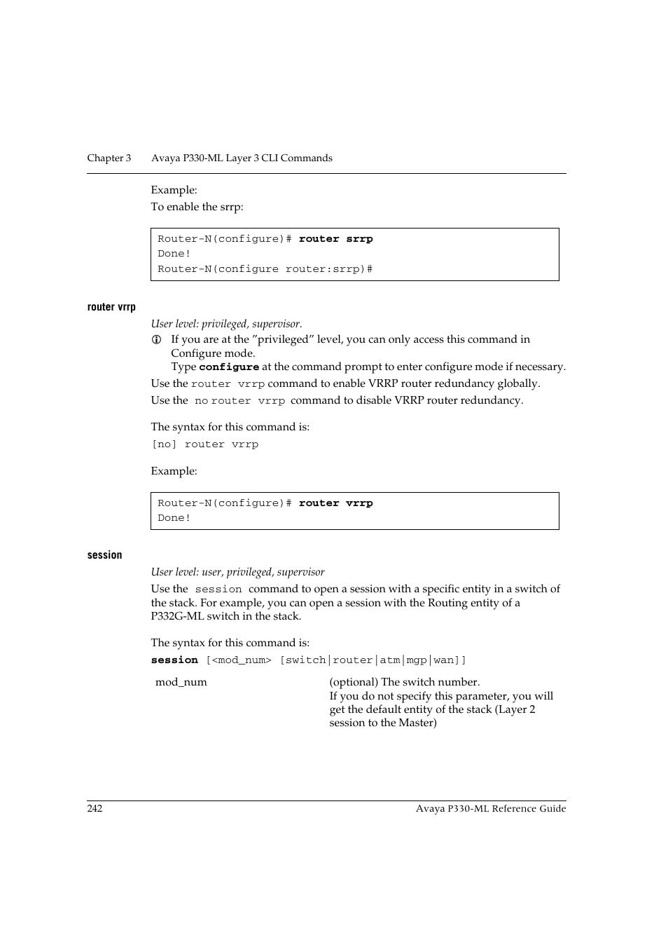 Router vrrp, Session, Router vrrp session | Avaya P330-ML-ML User Manual | Page 258 / 320