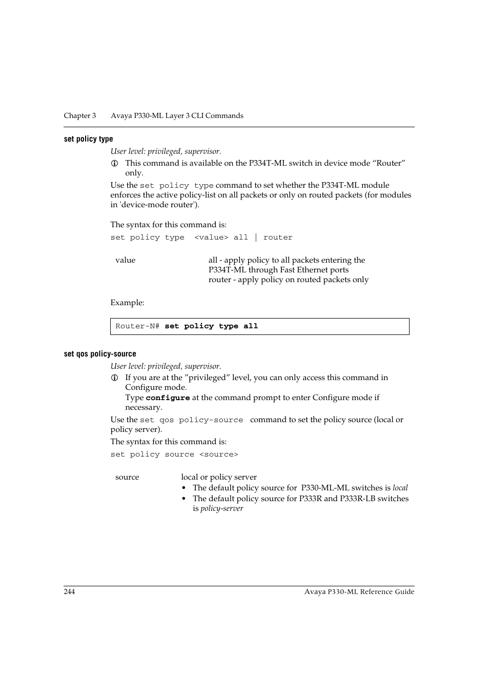 Set policy type, Set qos policy-source, Set policy type set qos policy-source | Avaya P330-ML-ML User Manual | Page 260 / 320