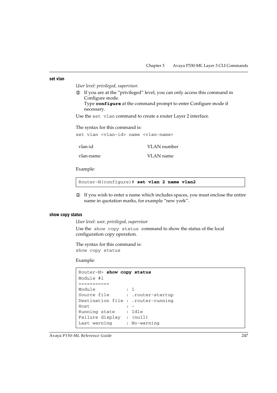 Set vlan, Show copy status, Set vlan show copy status | Avaya P330-ML-ML User Manual | Page 263 / 320