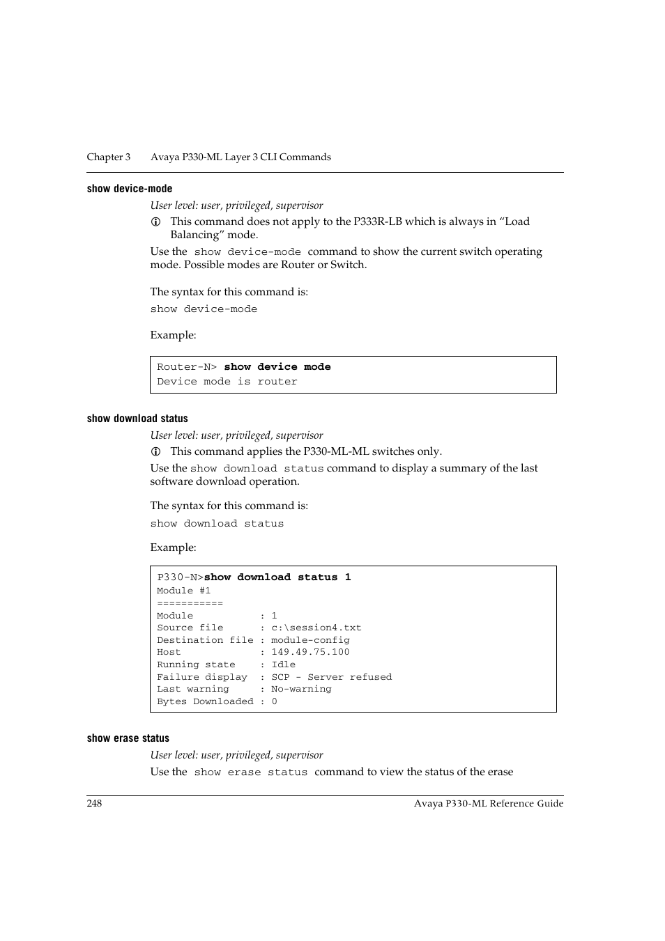 Show device-mode, Show download status, Show erase status | Avaya P330-ML-ML User Manual | Page 264 / 320