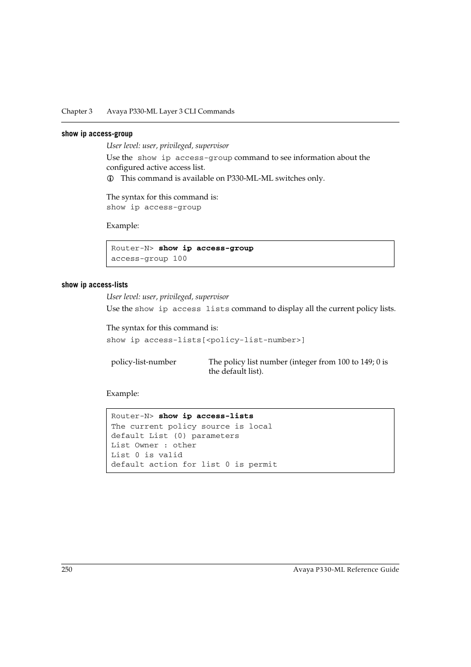 Show ip access-group, Show ip access-lists, Show ip access-group show ip access-lists | Avaya P330-ML-ML User Manual | Page 266 / 320