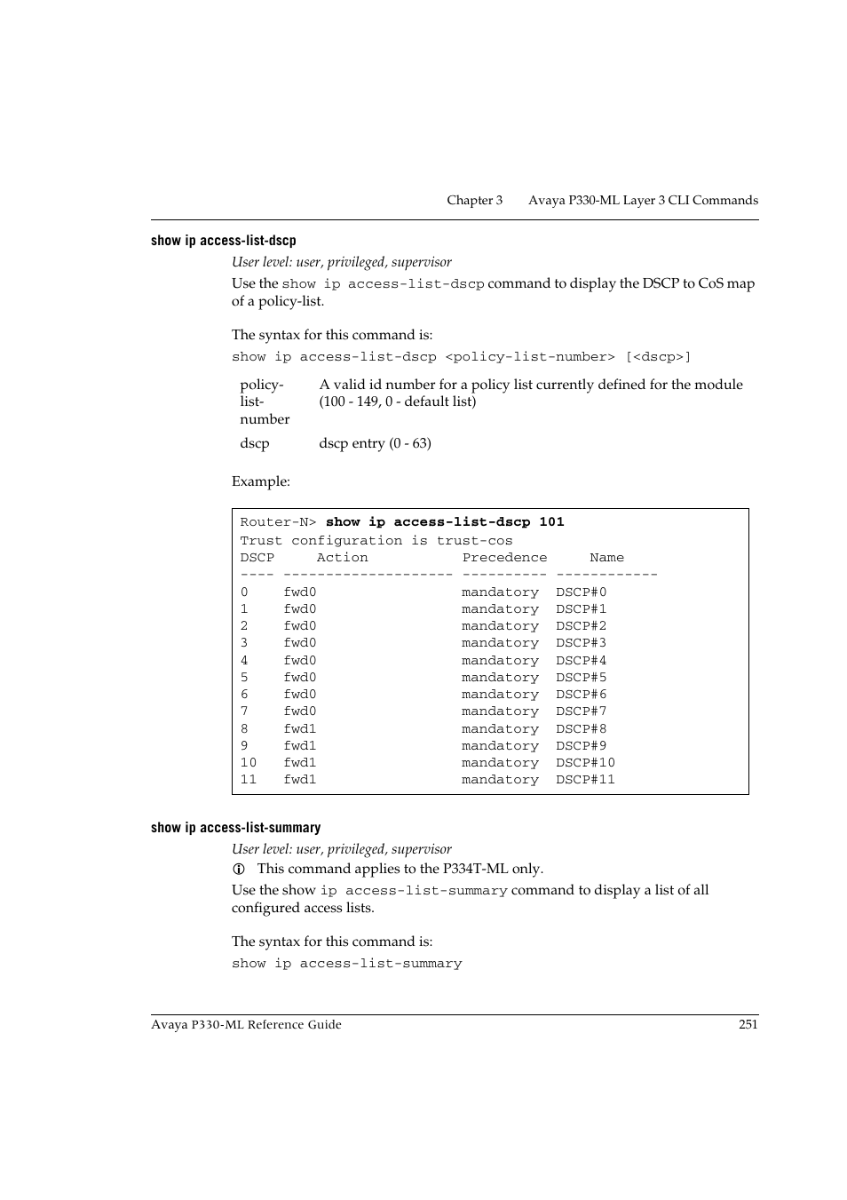Show ip access-list-dscp, Show ip access-list-summary | Avaya P330-ML-ML User Manual | Page 267 / 320