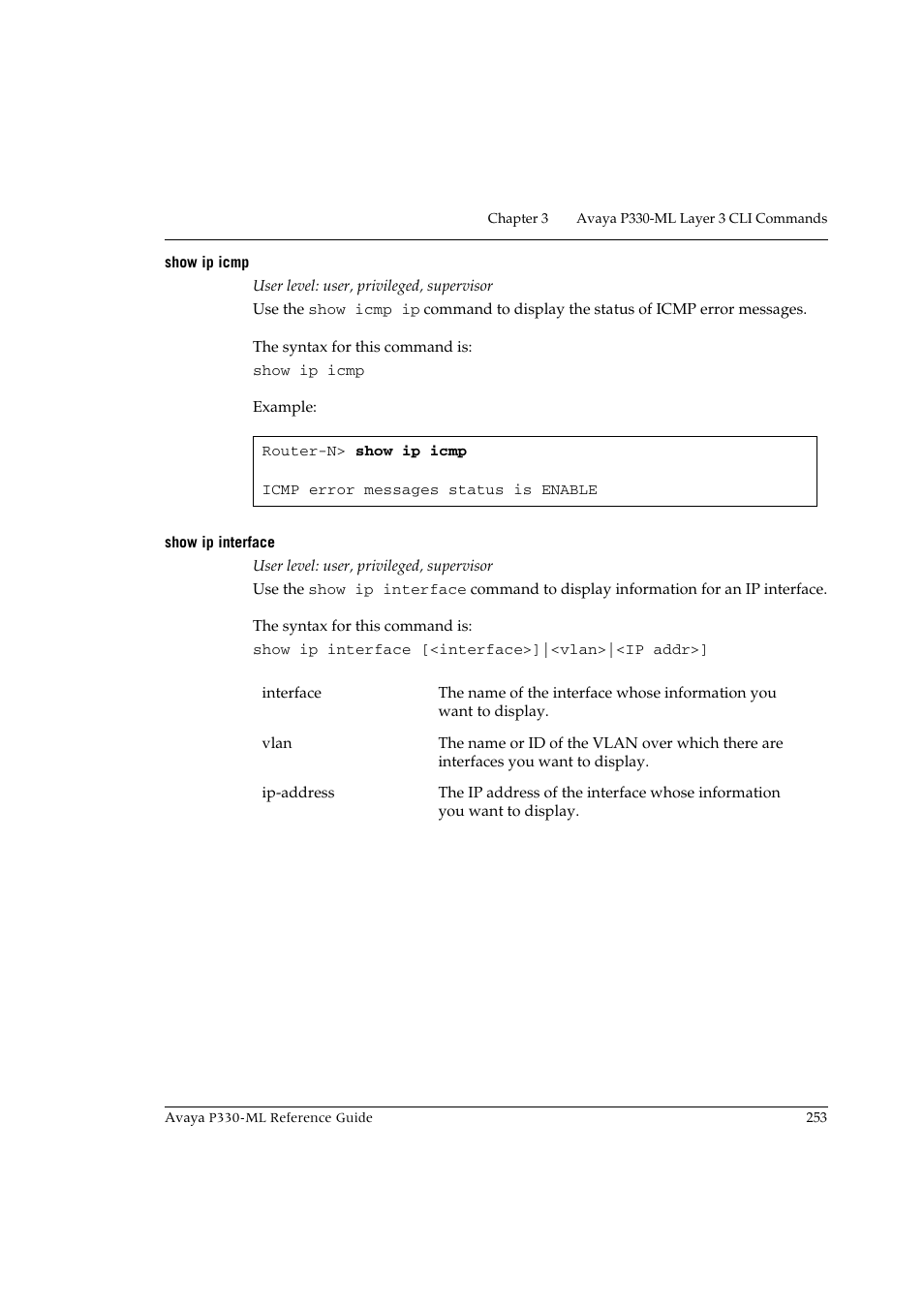 Show ip icmp, Show ip interface, Show ip icmp show ip interface | Avaya P330-ML-ML User Manual | Page 269 / 320
