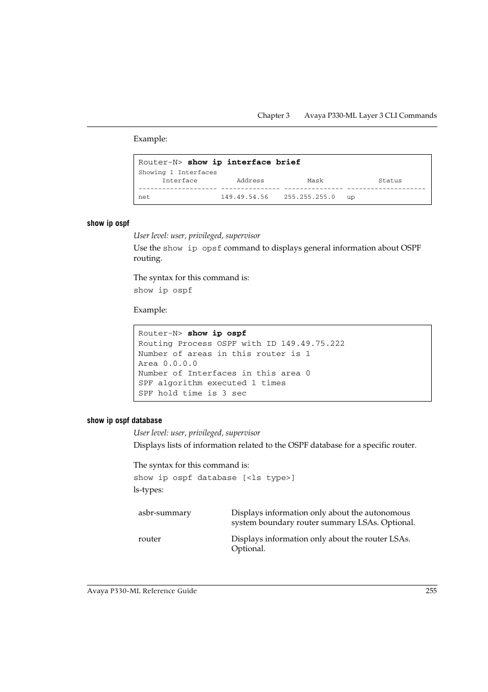 Show ip ospf, Show ip ospf database, Show ip ospf show ip ospf database | Avaya P330-ML-ML User Manual | Page 271 / 320