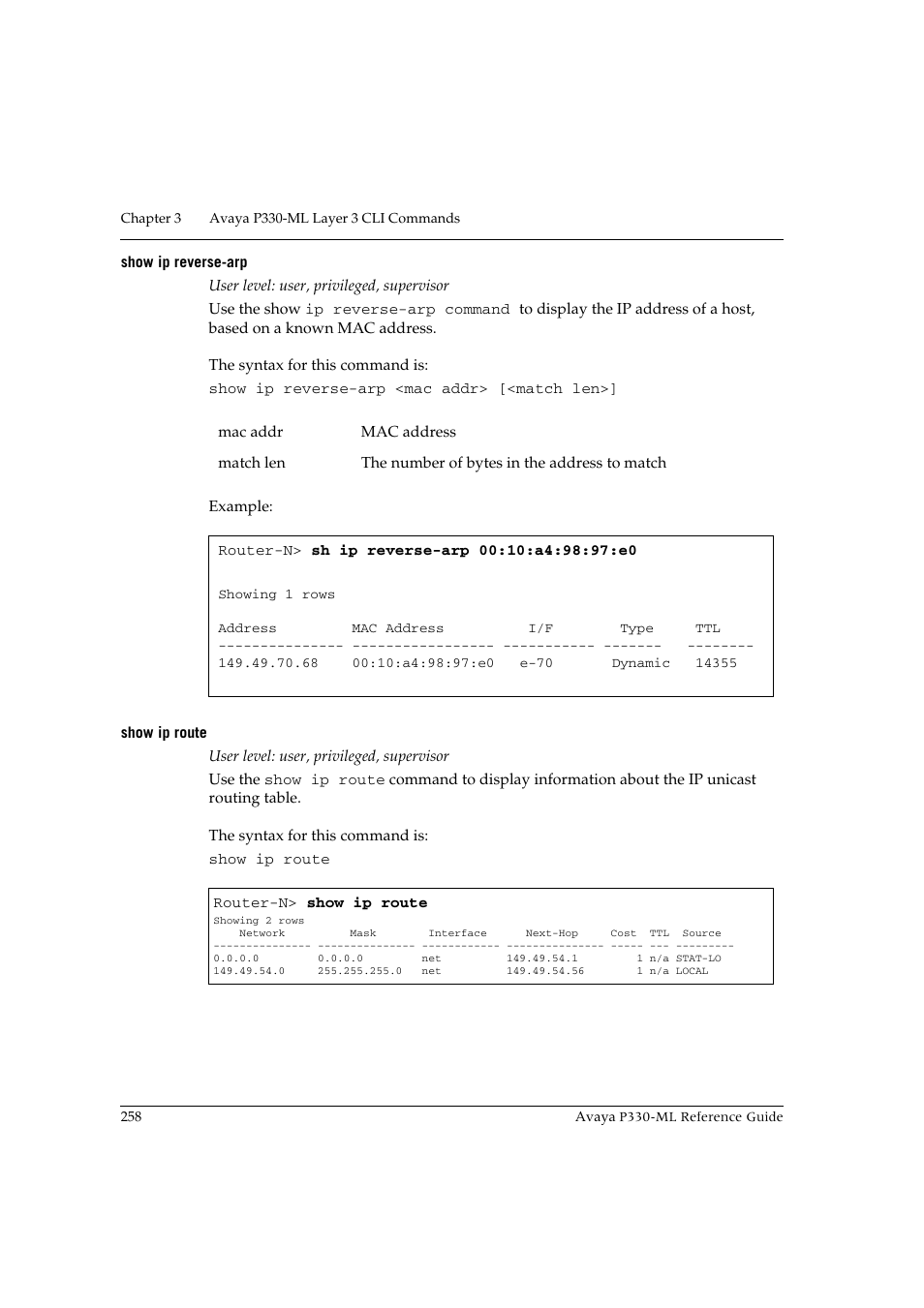 Show ip reverse-arp, Show ip route, Show ip reverse-arp show ip route | Avaya P330-ML-ML User Manual | Page 274 / 320