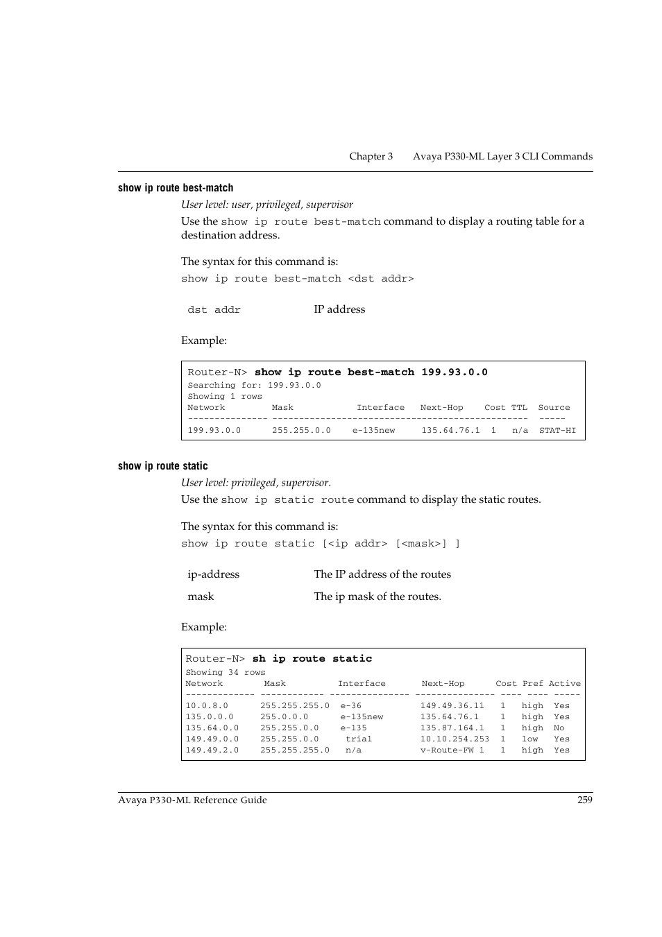 Show ip route best-match, Show ip route static, Show ip route best-match show ip route static | Avaya P330-ML-ML User Manual | Page 275 / 320