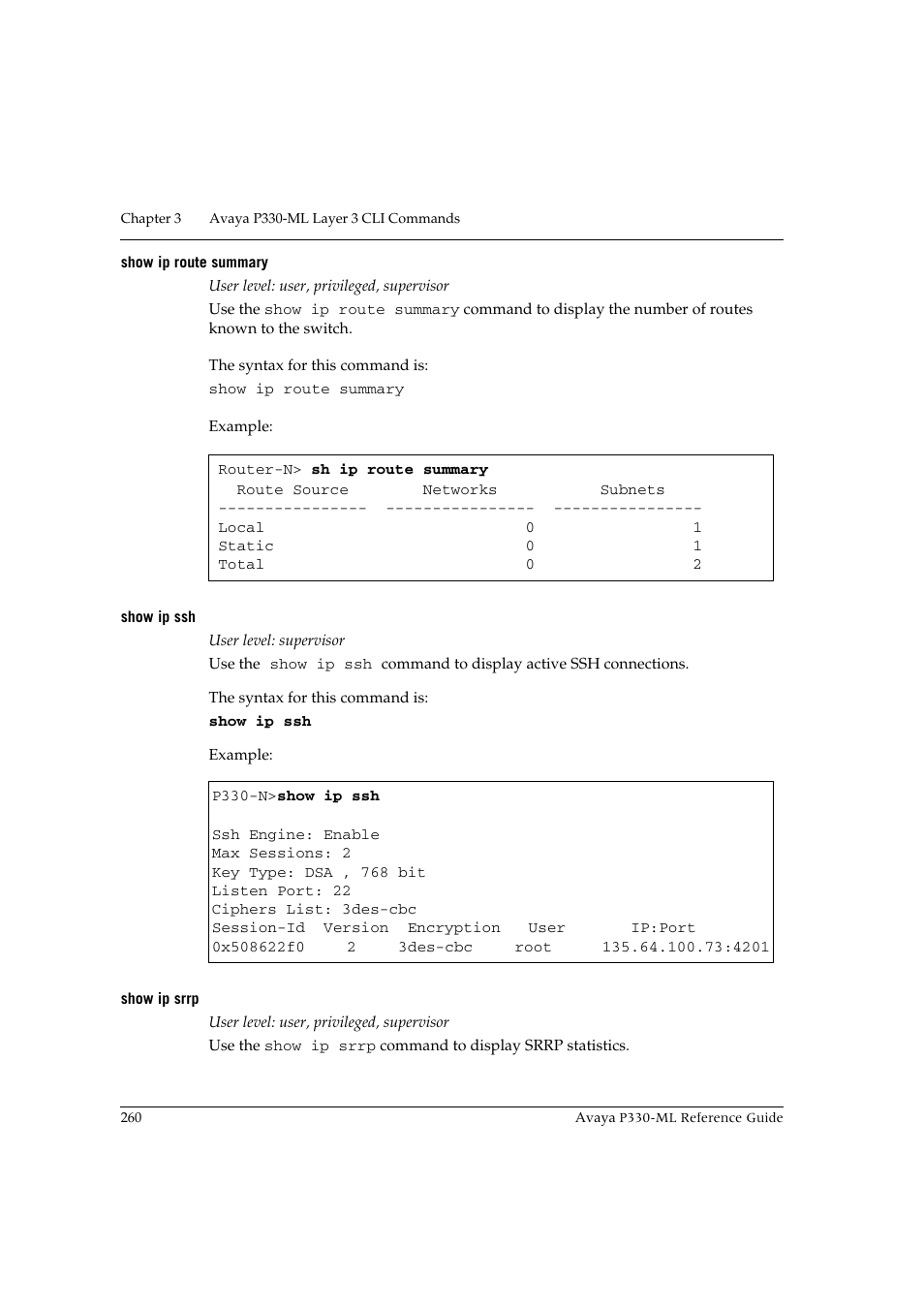 Show ip route summary, Show ip ssh, Show ip srrp | Show ip route summary show ip ssh show ip srrp | Avaya P330-ML-ML User Manual | Page 276 / 320