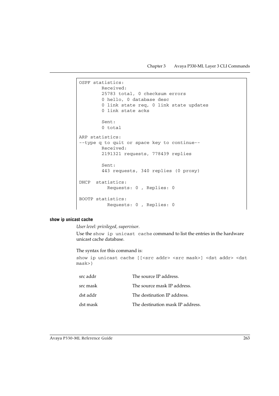 Show ip unicast cache | Avaya P330-ML-ML User Manual | Page 279 / 320