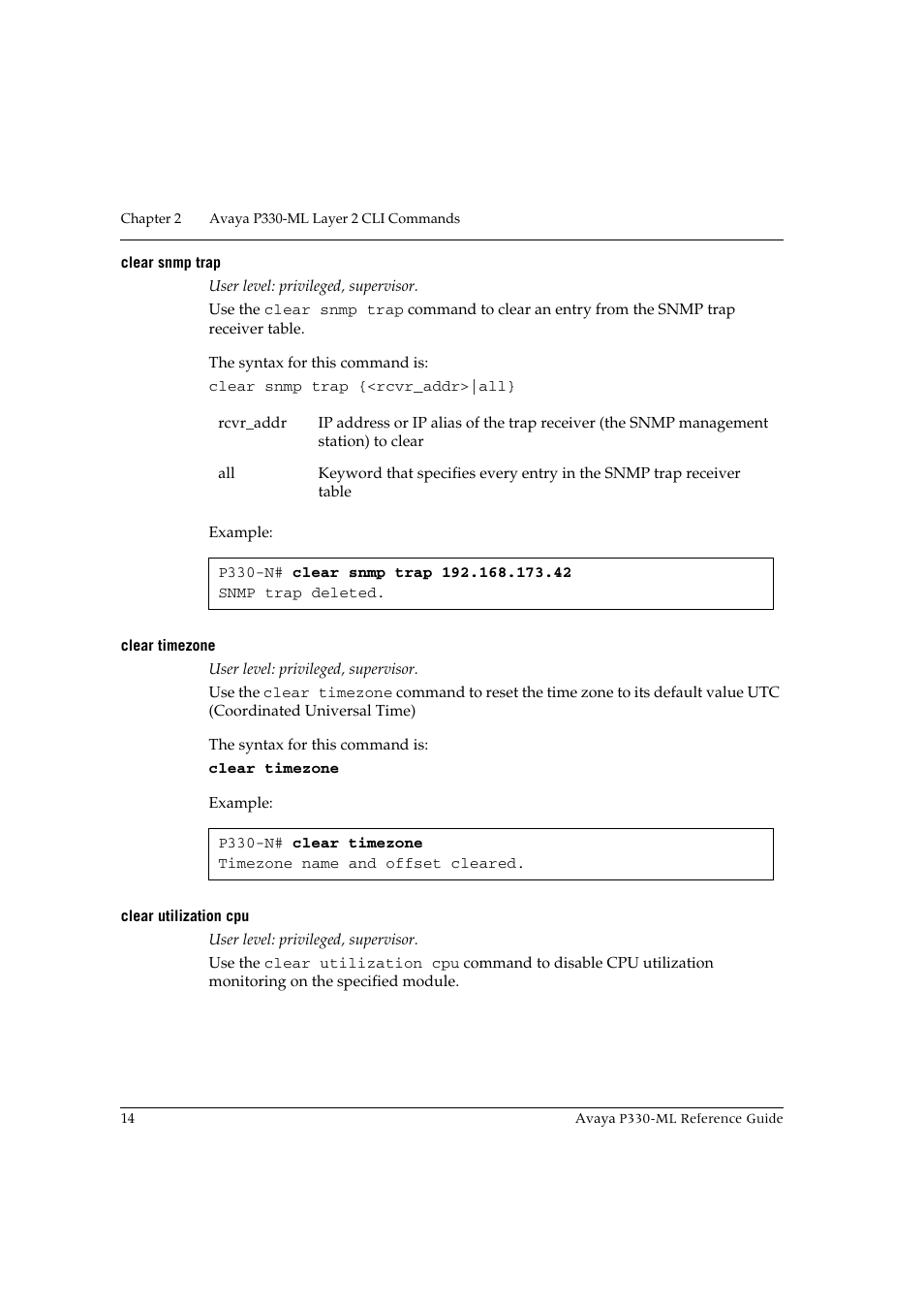 Clear snmp trap, Clear timezone, Clear utilization cpu | Avaya P330-ML-ML User Manual | Page 28 / 320