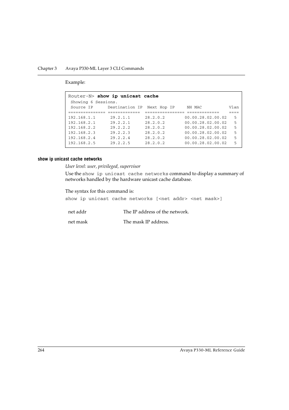 Show ip unicast cache networks | Avaya P330-ML-ML User Manual | Page 280 / 320
