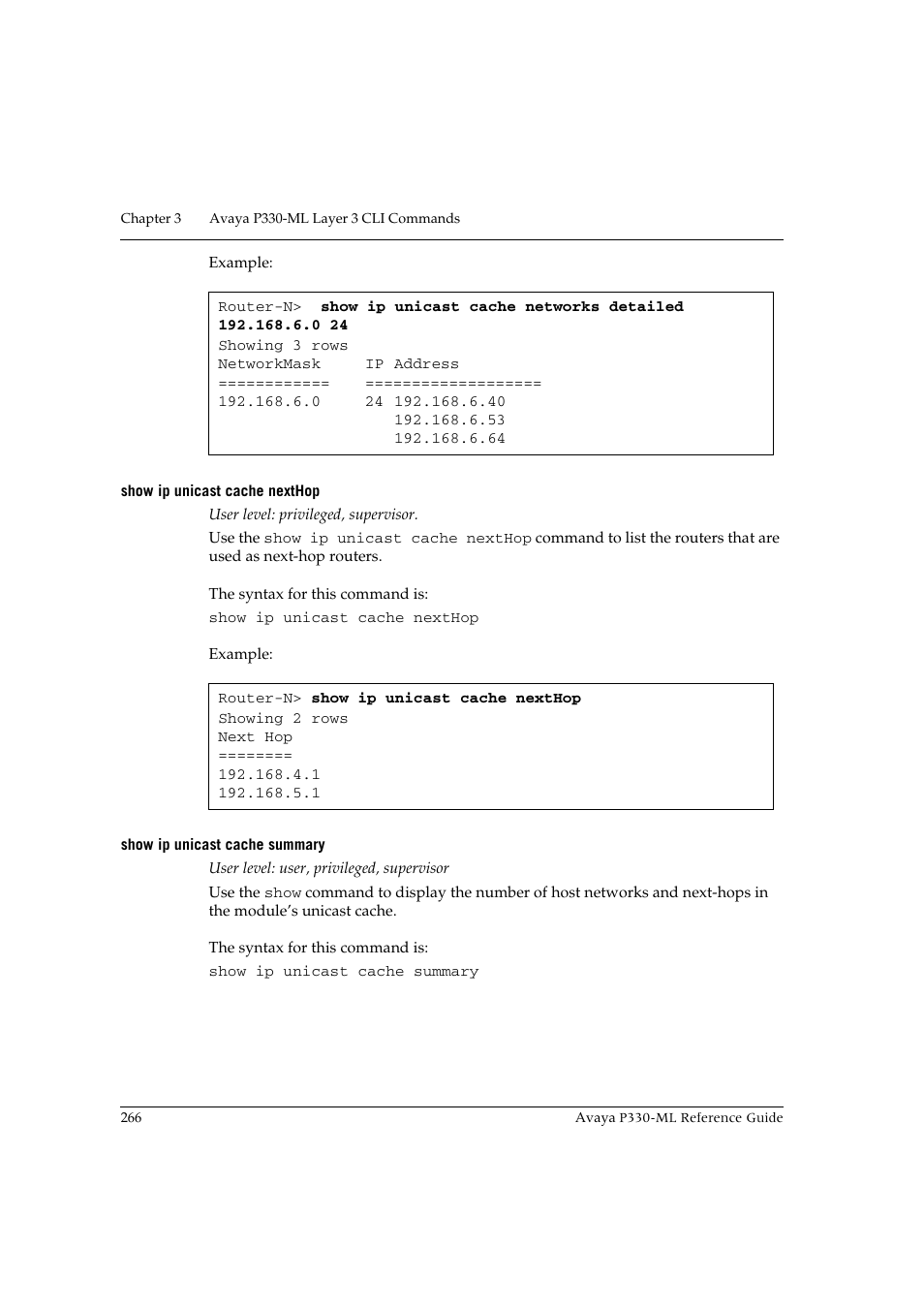 Show ip unicast cache nexthop, Show ip unicast cache summary | Avaya P330-ML-ML User Manual | Page 282 / 320