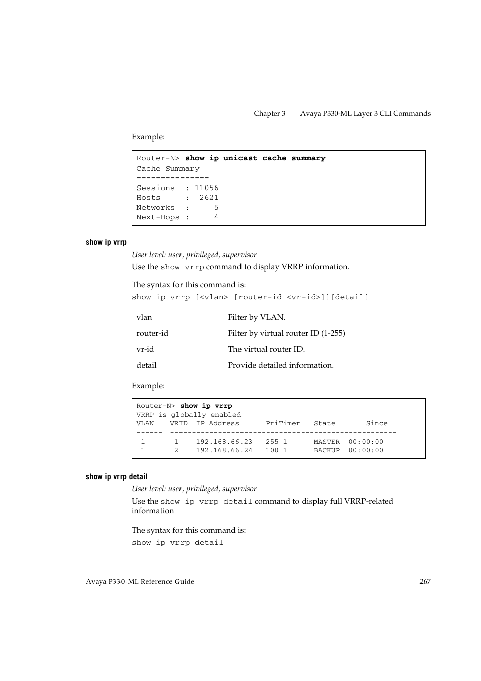 Show ip vrrp, Show ip vrrp detail, Show ip vrrp show ip vrrp detail | Avaya P330-ML-ML User Manual | Page 283 / 320