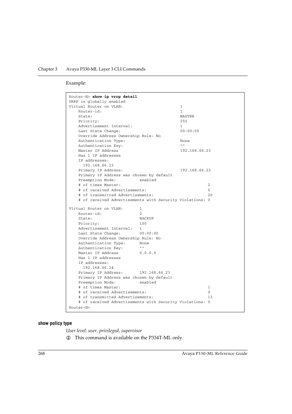 Show policy type | Avaya P330-ML-ML User Manual | Page 284 / 320