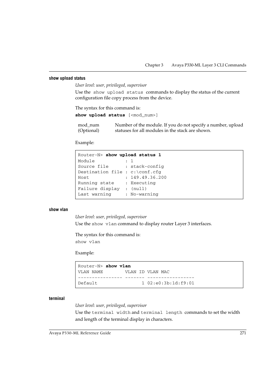 Show upload status, Show vlan, Terminal | Show upload status show vlan terminal | Avaya P330-ML-ML User Manual | Page 287 / 320
