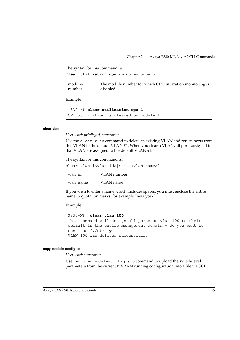 Clear vlan, Copy module-config scp, Clear vlan copy module-config scp | Avaya P330-ML-ML User Manual | Page 29 / 320