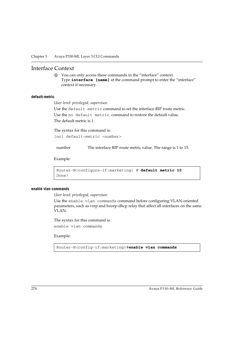 Interface context, Default-metric, Enable vlan commands | Default-metric enable vlan commands | Avaya P330-ML-ML User Manual | Page 290 / 320