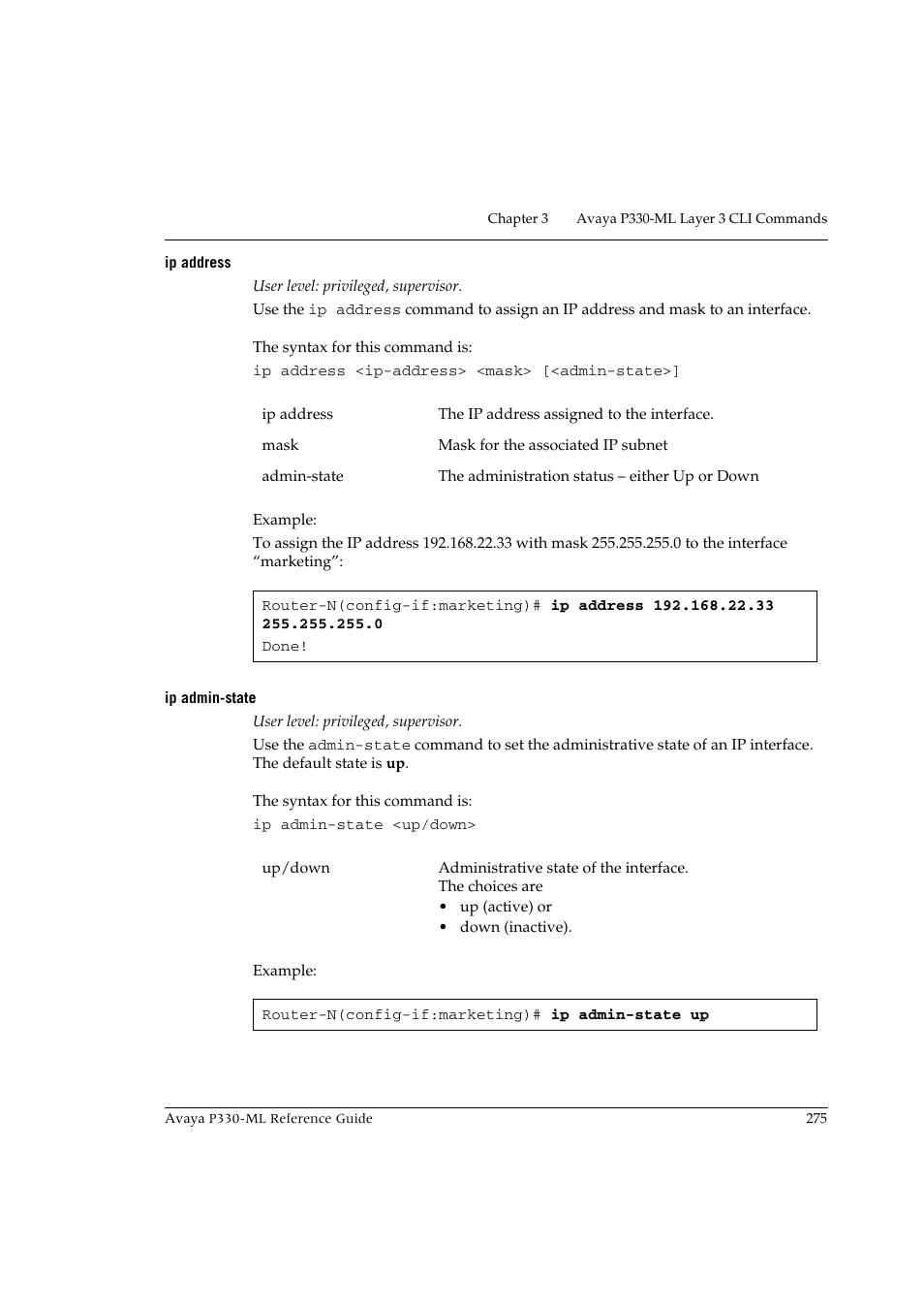 Ip address, Ip admin-state, Ip address ip admin-state | Avaya P330-ML-ML User Manual | Page 291 / 320