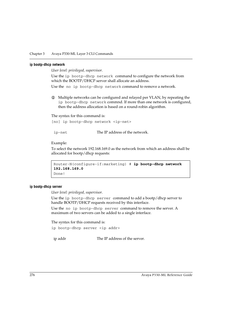 Ip bootp-dhcp network, Ip bootp-dhcp server, Ip bootp-dhcp network ip bootp-dhcp server | Avaya P330-ML-ML User Manual | Page 292 / 320