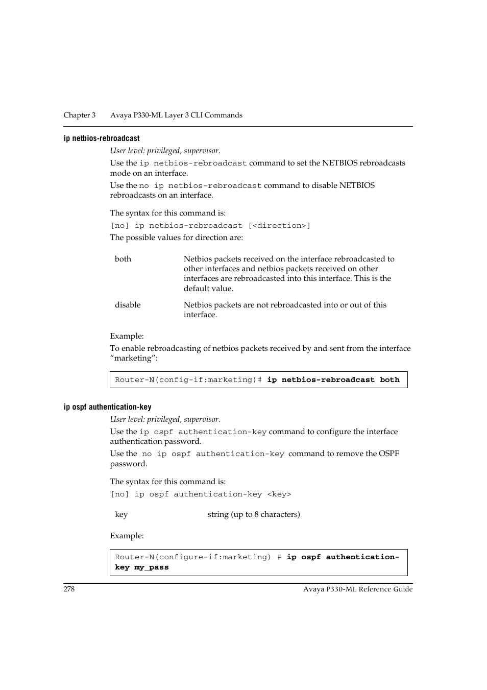 Ip netbios-rebroadcast, Ip ospf authentication-key, Ip netbios-rebroadcast ip ospf authentication-key | Avaya P330-ML-ML User Manual | Page 294 / 320