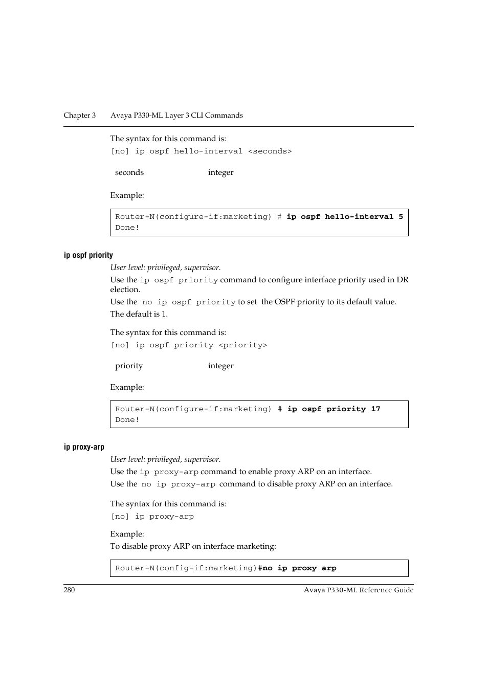 Ip ospf priority, Ip proxy-arp, Ip ospf priority ip proxy-arp | Avaya P330-ML-ML User Manual | Page 296 / 320