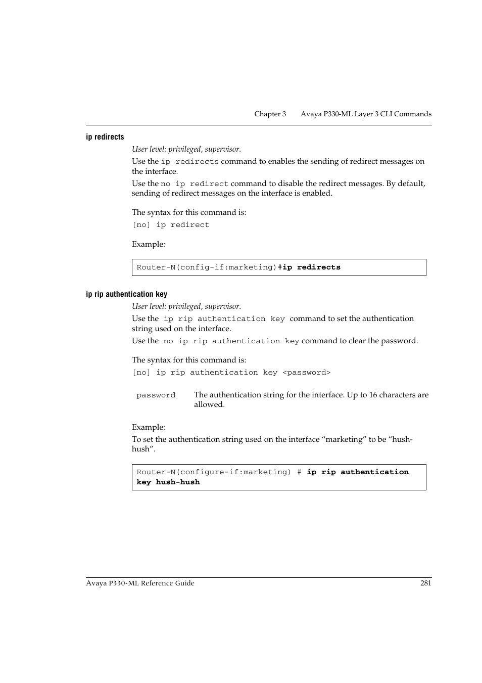 Ip redirects, Ip rip authentication key, Ip redirects ip rip authentication key | Avaya P330-ML-ML User Manual | Page 297 / 320