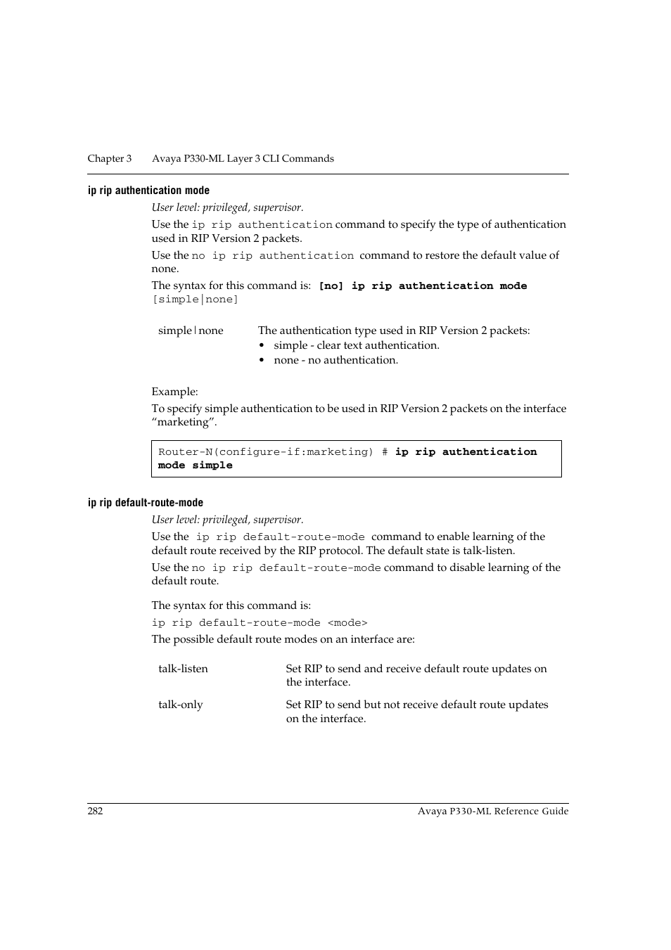 Ip rip authentication mode, Ip rip default-route-mode | Avaya P330-ML-ML User Manual | Page 298 / 320