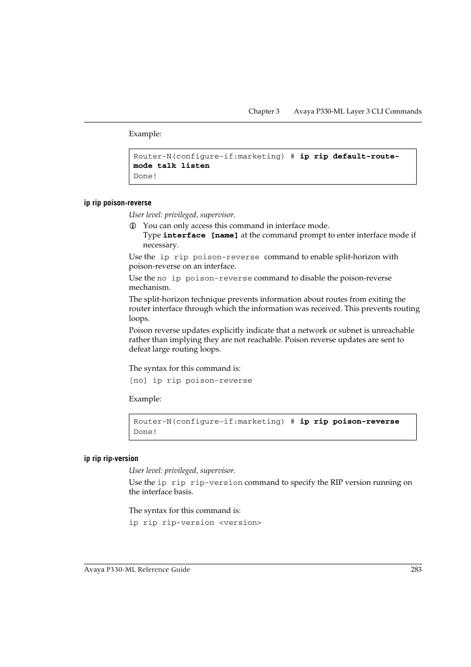 Ip rip poison-reverse, Ip rip rip-version, Ip rip poison-reverse ip rip rip-version | Avaya P330-ML-ML User Manual | Page 299 / 320