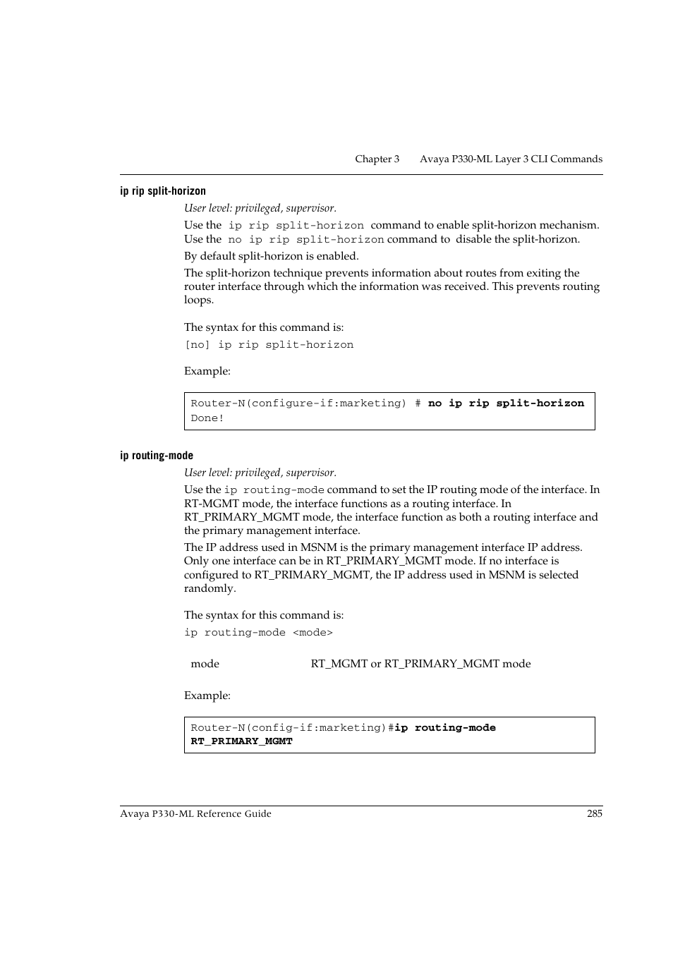 Ip rip split-horizon, Ip routing-mode, Ip rip split-horizon ip routing-mode | Avaya P330-ML-ML User Manual | Page 301 / 320