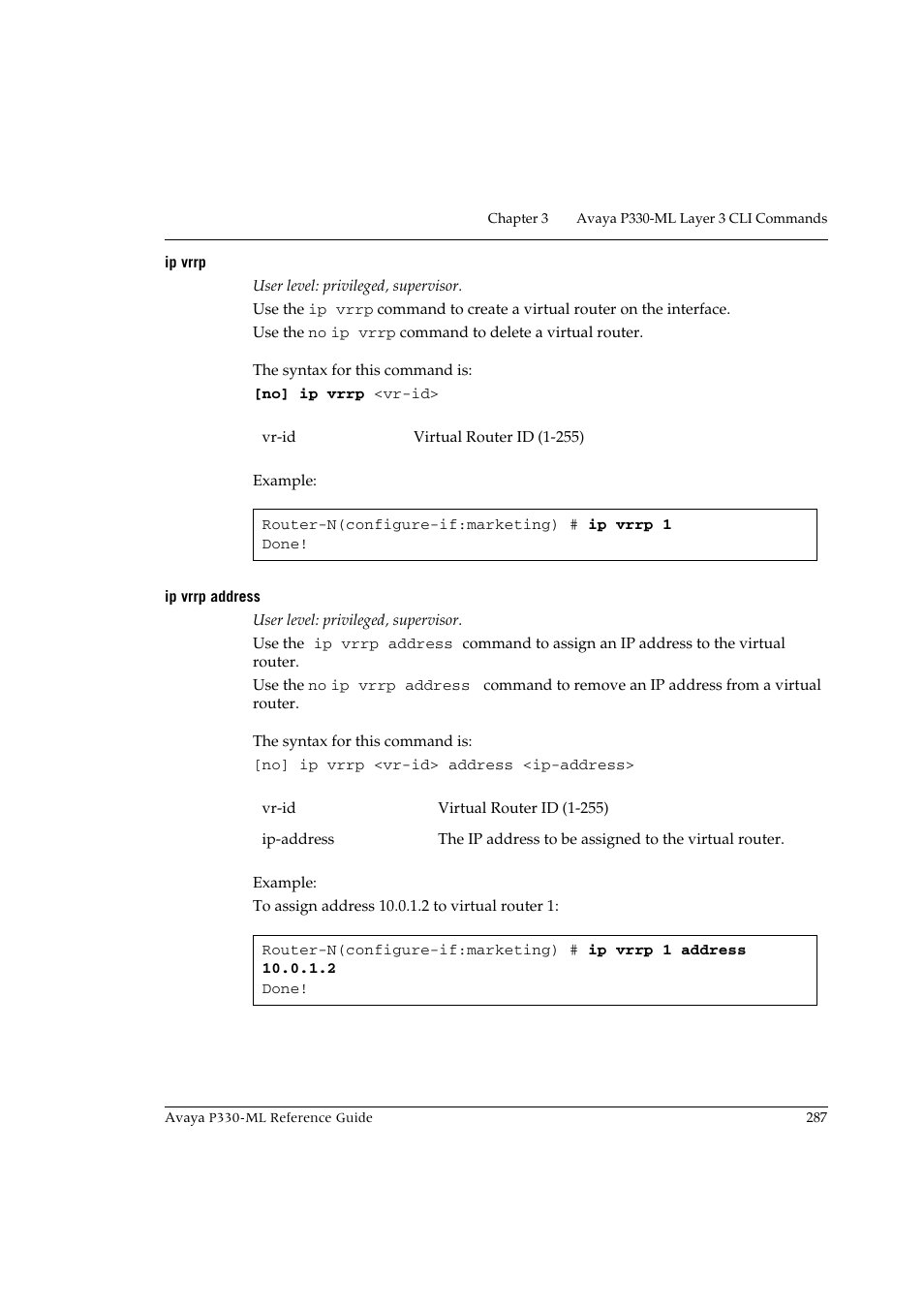 Ip vrrp, Ip vrrp address, Ip vrrp ip vrrp address | Avaya P330-ML-ML User Manual | Page 303 / 320