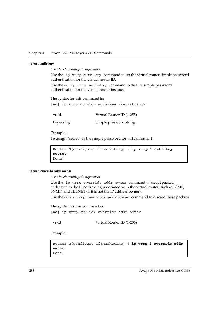Ip vrrp auth-key, Ip vrrp override addr owner, Ip vrrp auth-key ip vrrp override addr owner | Avaya P330-ML-ML User Manual | Page 304 / 320