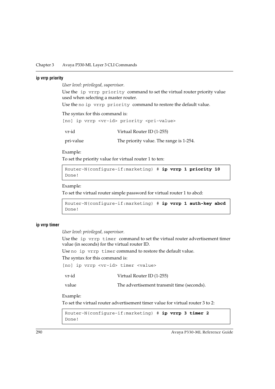 Ip vrrp priority, Ip vrrp timer, Ip vrrp priority ip vrrp timer | Avaya P330-ML-ML User Manual | Page 306 / 320