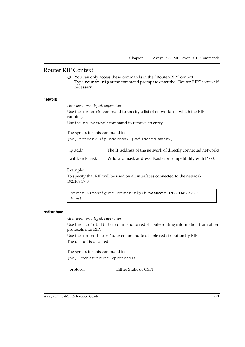 Router rip context, Network, Redistribute | Network redistribute | Avaya P330-ML-ML User Manual | Page 307 / 320