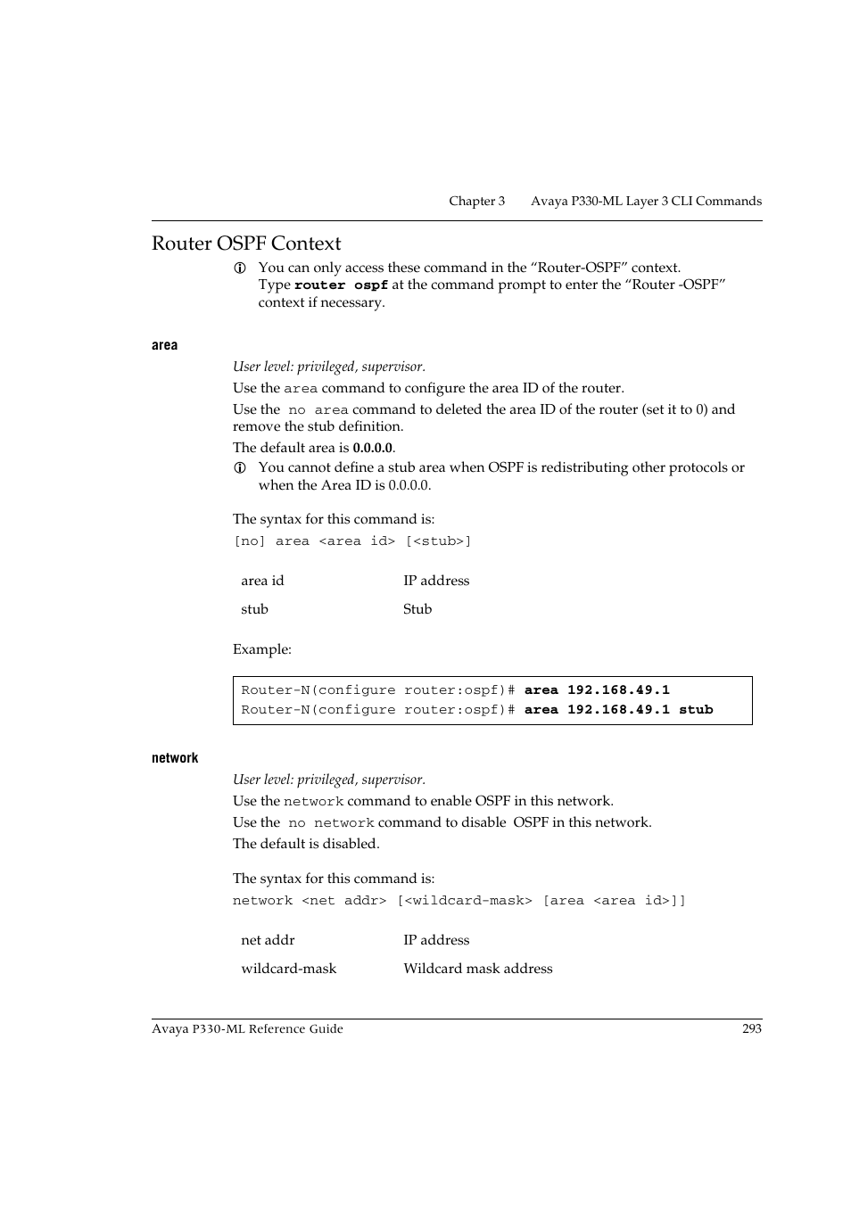 Router ospf context, Area, Network | Area network | Avaya P330-ML-ML User Manual | Page 309 / 320