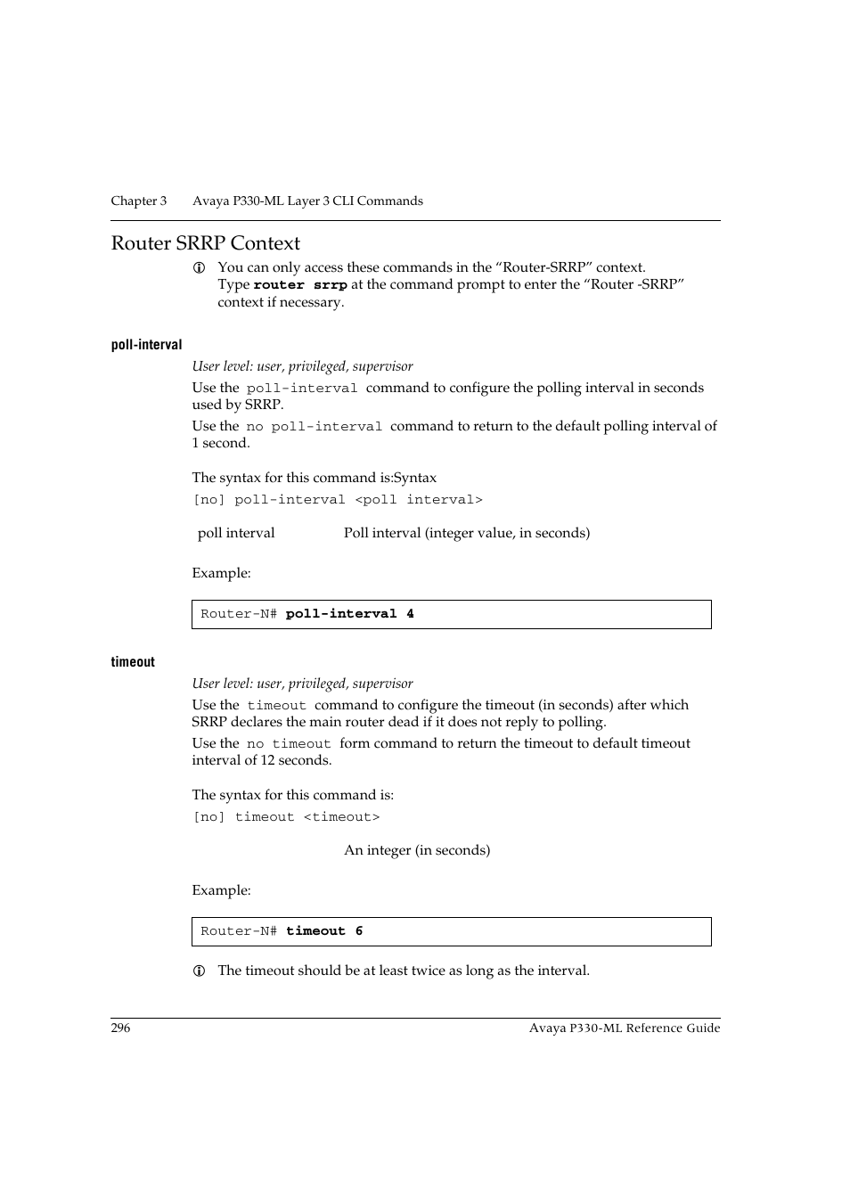 Router srrp context, Poll-interval, Timeout | Poll-interval timeout | Avaya P330-ML-ML User Manual | Page 312 / 320
