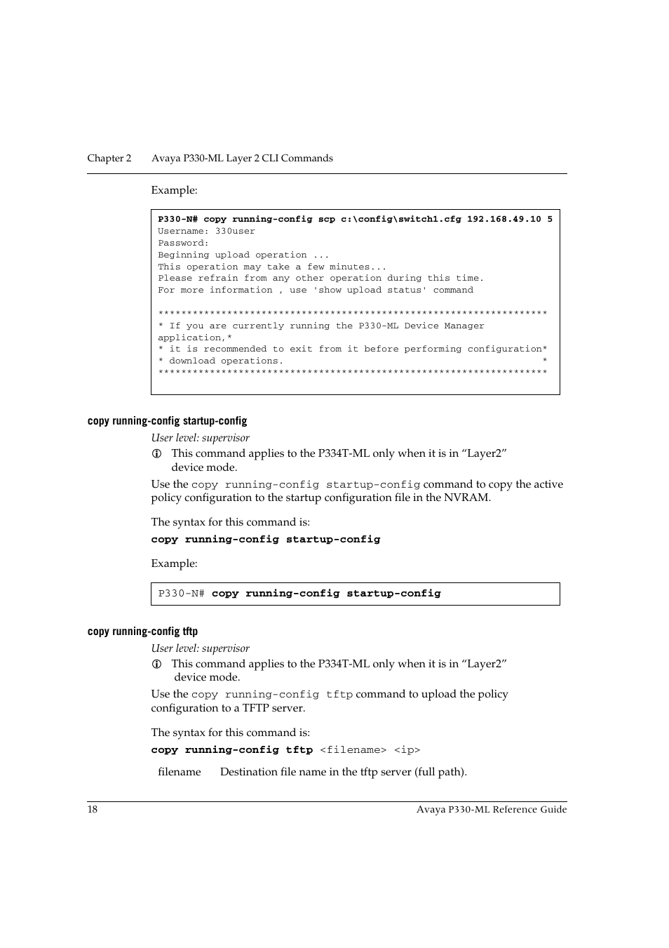 Copy running-config startup-config, Copy running-config tftp | Avaya P330-ML-ML User Manual | Page 32 / 320