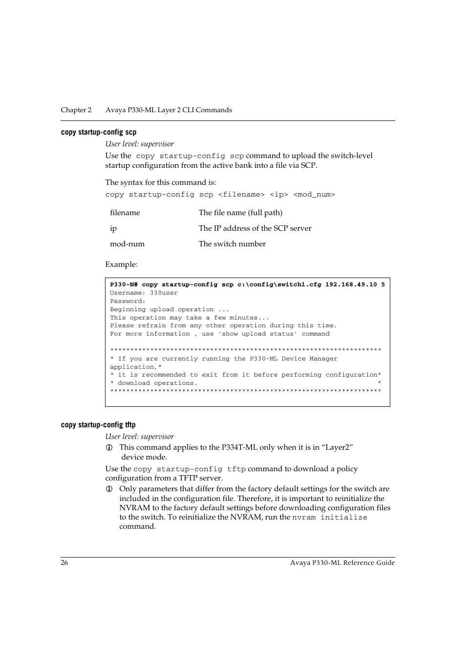 Copy startup-config scp, Copy startup-config tftp, Copy startup-config scp copy startup-config tftp | Avaya P330-ML-ML User Manual | Page 40 / 320