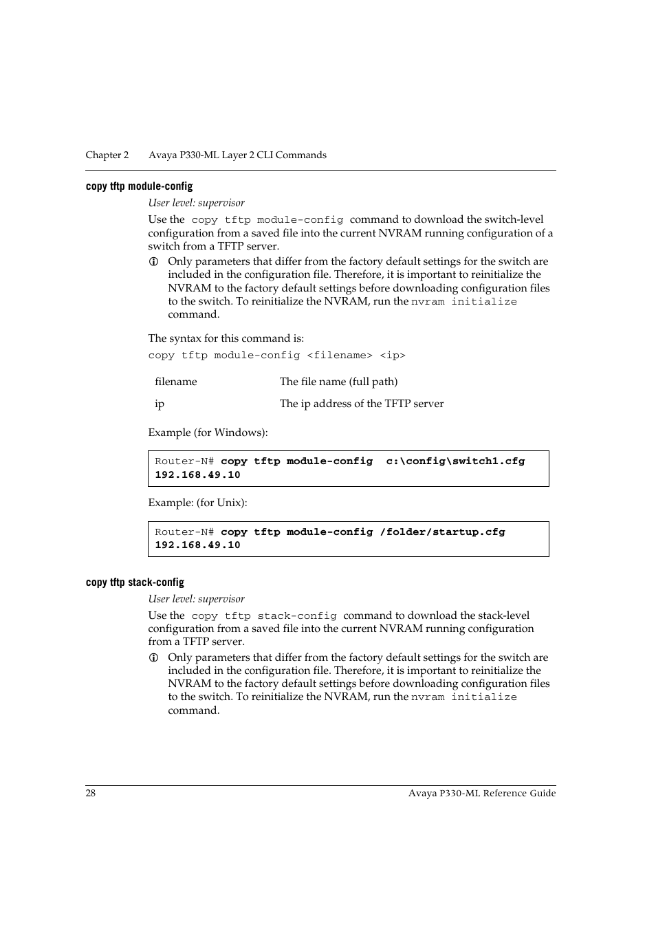 Copy tftp module-config, Copy tftp stack-config, Copy tftp module-config copy tftp stack-config | Avaya P330-ML-ML User Manual | Page 42 / 320