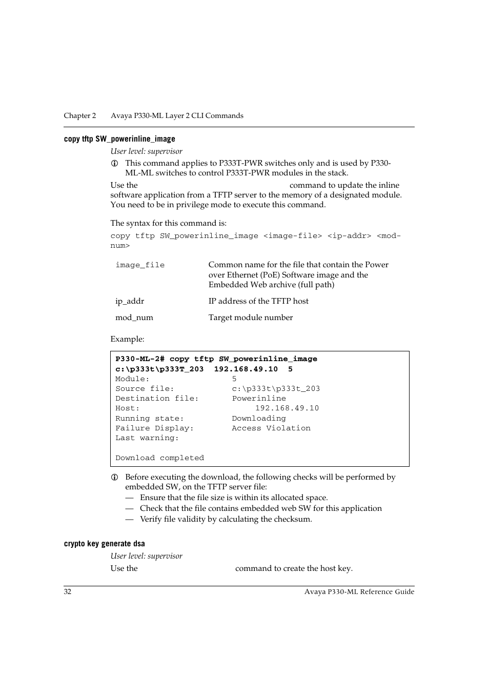 Copy tftp sw_powerinline_image, Crypto key generate dsa | Avaya P330-ML-ML User Manual | Page 46 / 320