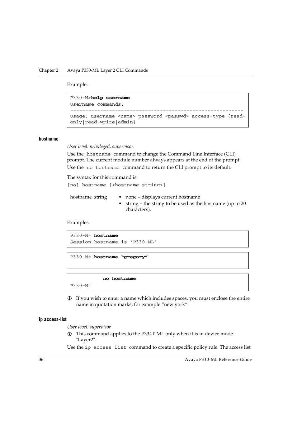 Hostname, Ip access-list, Hostname ip access-list | Avaya P330-ML-ML User Manual | Page 50 / 320