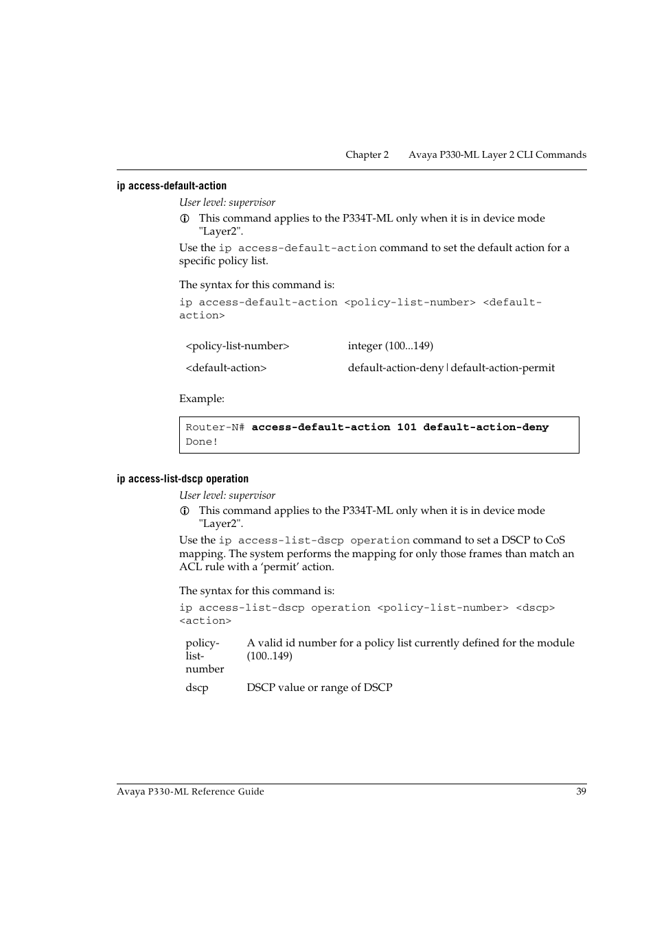 Ip access-default-action, Ip access-list-dscp operation | Avaya P330-ML-ML User Manual | Page 53 / 320