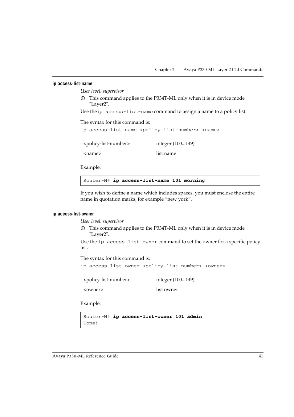 Ip access-list-name, Ip access-list-owner, Ip access-list-name ip access-list-owner | Avaya P330-ML-ML User Manual | Page 55 / 320