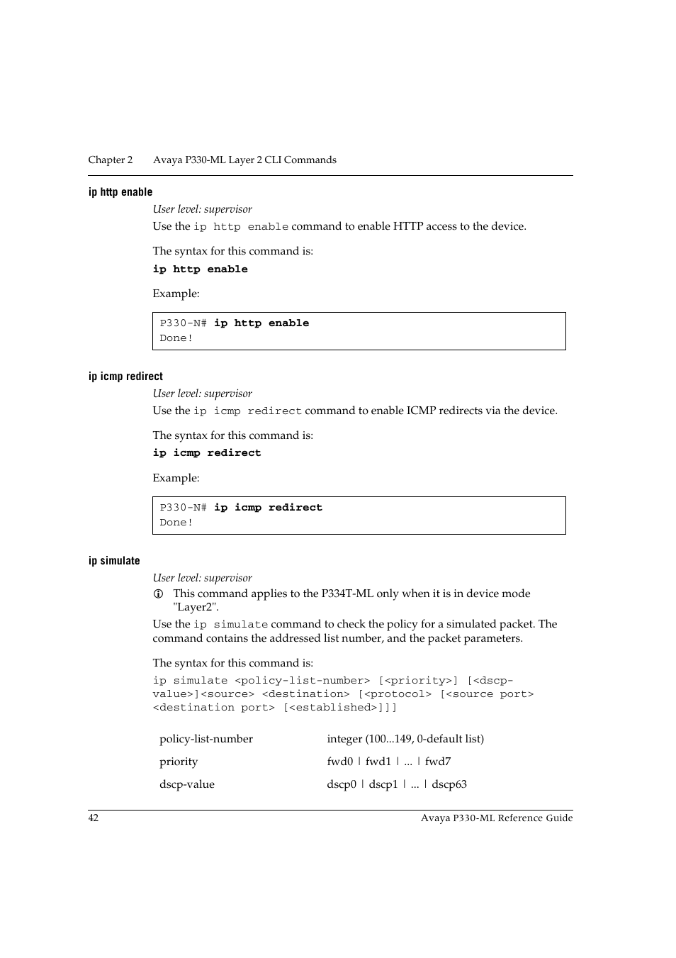 Ip http enable, Ip icmp redirect, Ip simulate | Ip http enable ip icmp redirect ip simulate | Avaya P330-ML-ML User Manual | Page 56 / 320